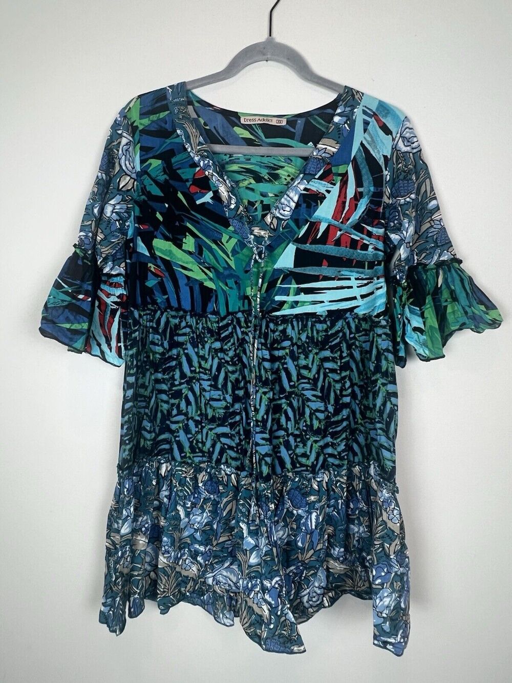 Dress Addict XS Batik Look Tiered Swing Tropical A-Line Ruffle Dress Cover Up